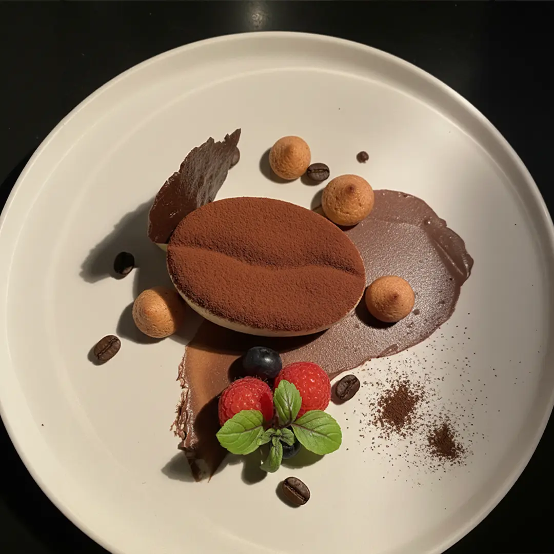 Ovales Schokoladendessert mit Kakao-Pulver, Schokosauce, kleinen Baiser-Kugeln, Himbeeren, Blaubeere, Minzblatt und Kaffeebohnen auf weißem Teller